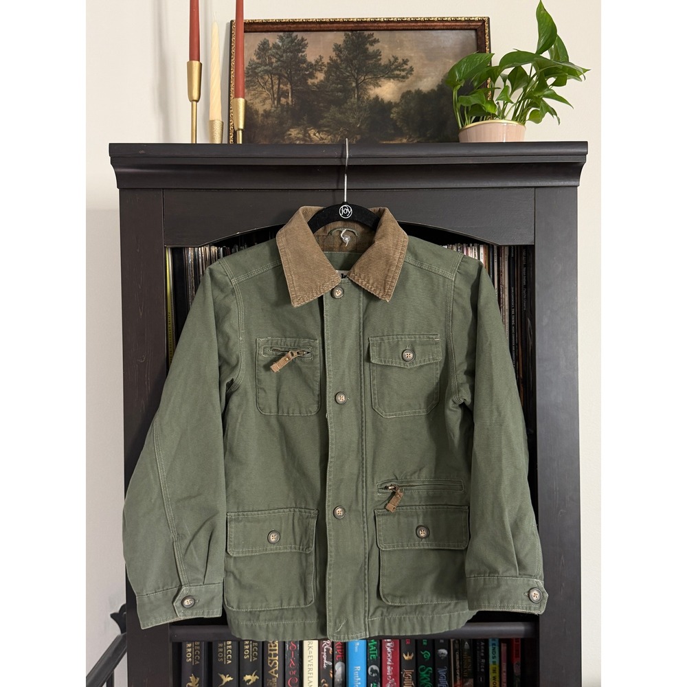 OshKosh Barn Jacket 10 Green Corduroy Collar Plaid Lined Field Coat